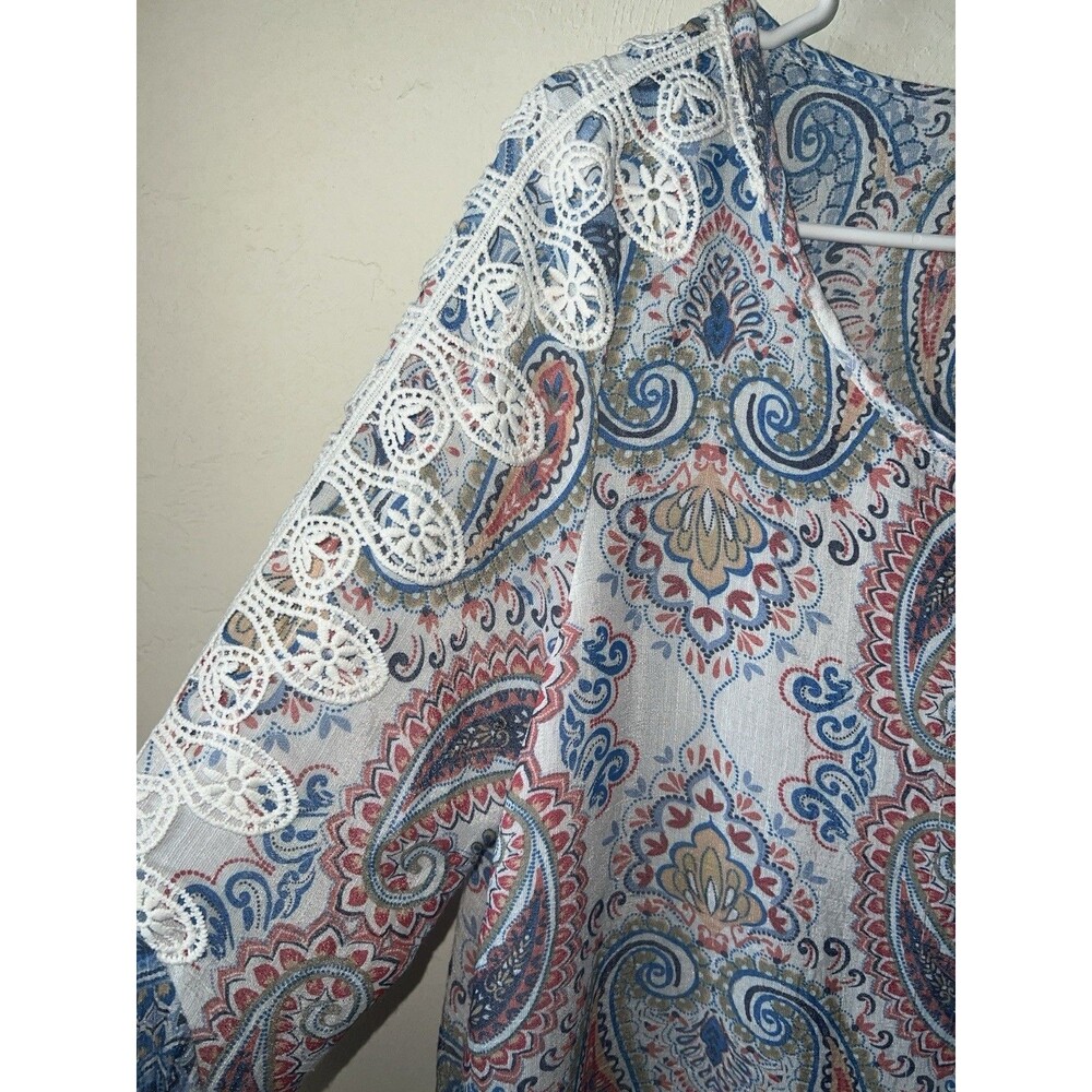 FRYE & CO Blouse Womens M Blue Paisley Chiffon Belle Sleeve Babydoll Top Boho - Picture 5 of 9